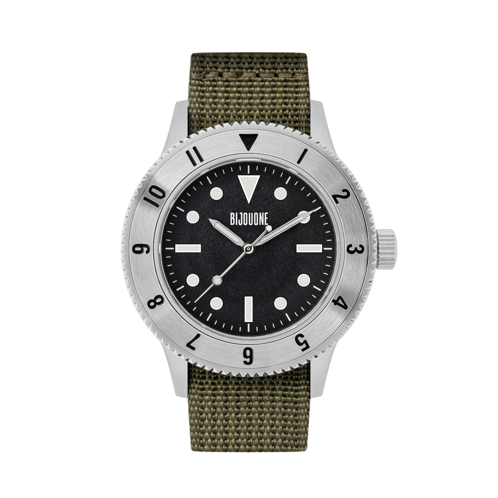 C01 Watch, Brushed Silver Case, Black Dial, Sapphire Crystal Glass, Luminous, Nylon Strap