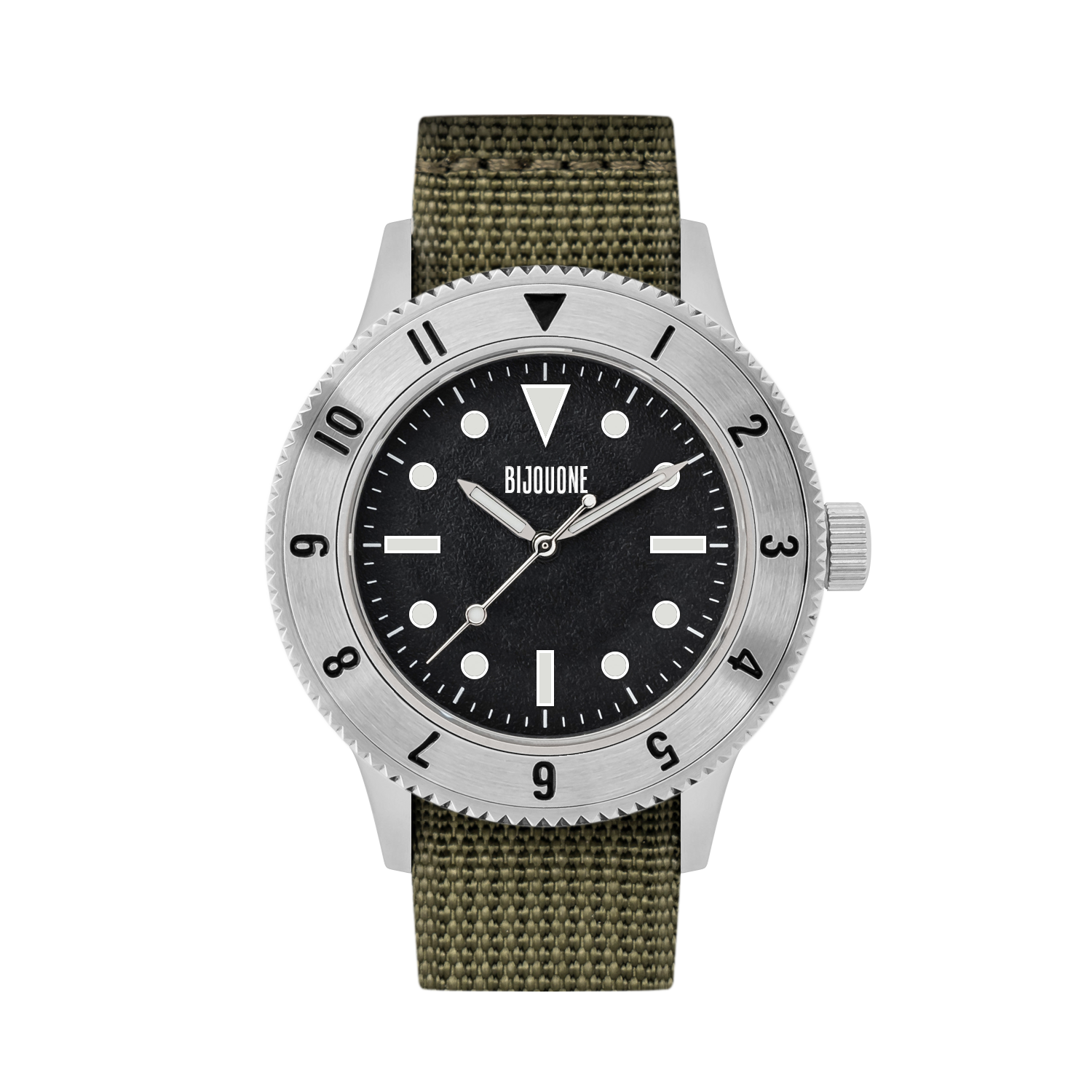 C01 Watch, Brushed Silver Case, Black Dial, Sapphire Crystal Glass, Luminous, Nylon Strap - BIJOUONE