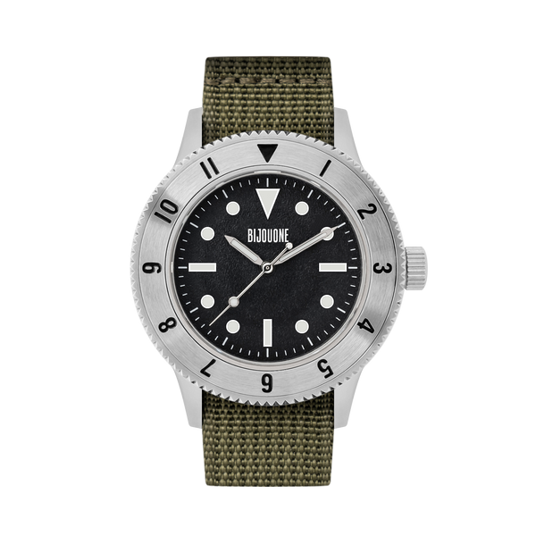 C01 Watch, Brushed Silver Case, Black Dial, Sapphire Crystal Glass, Luminous, Nylon Strap