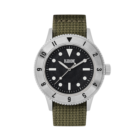 C01 Watch, Brushed Silver Case, Black Dial, Sapphire Crystal Glass, Luminous, Nylon Strap