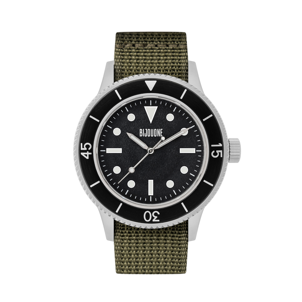 C01 Watch, Matte Silver Case, Black Dial, Sapphire Crystal Glass, Luminous, Nylon Strap