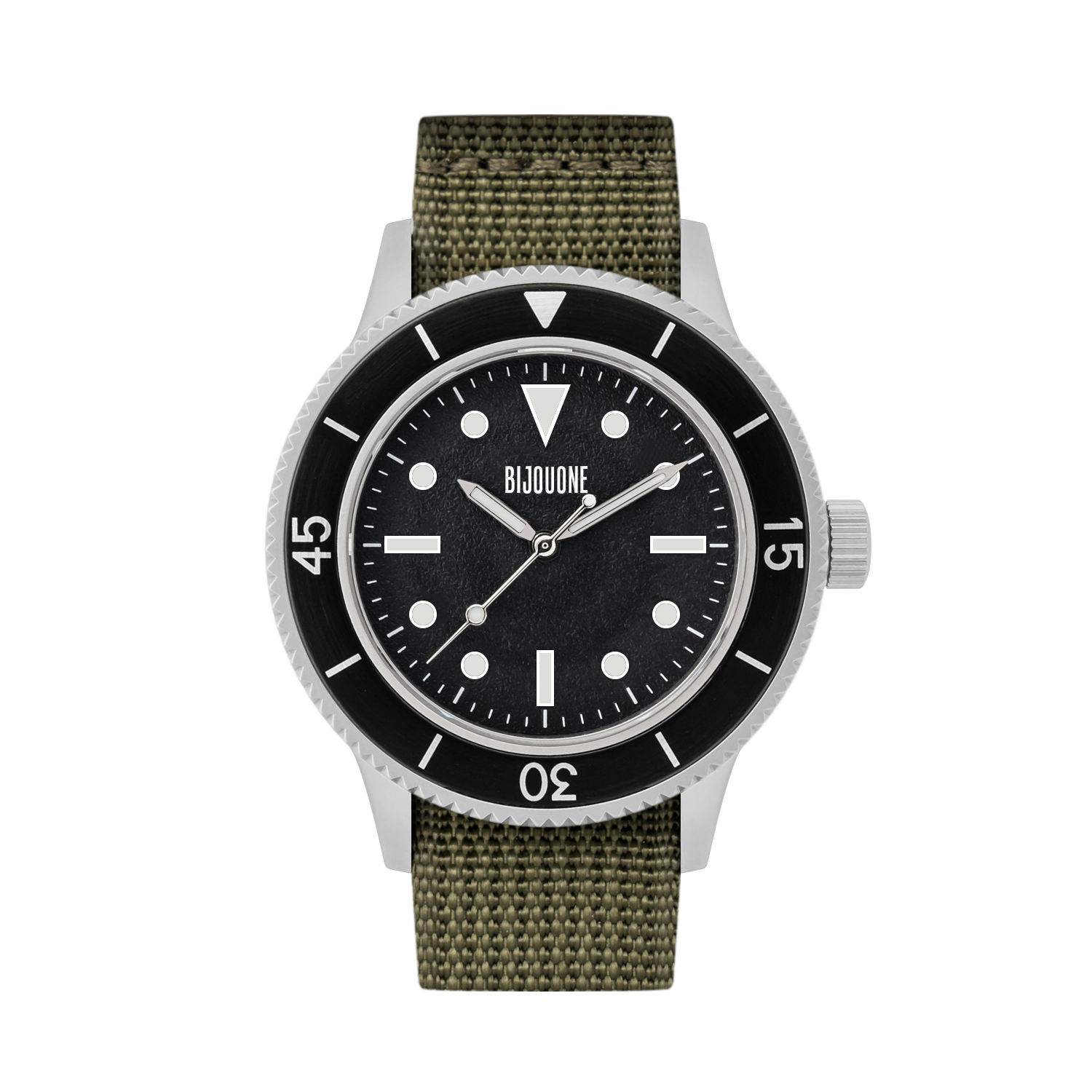 C01 Watch, Matte Silver Case, Black Dial, Sapphire Crystal Glass, Luminous, Nylon Strap