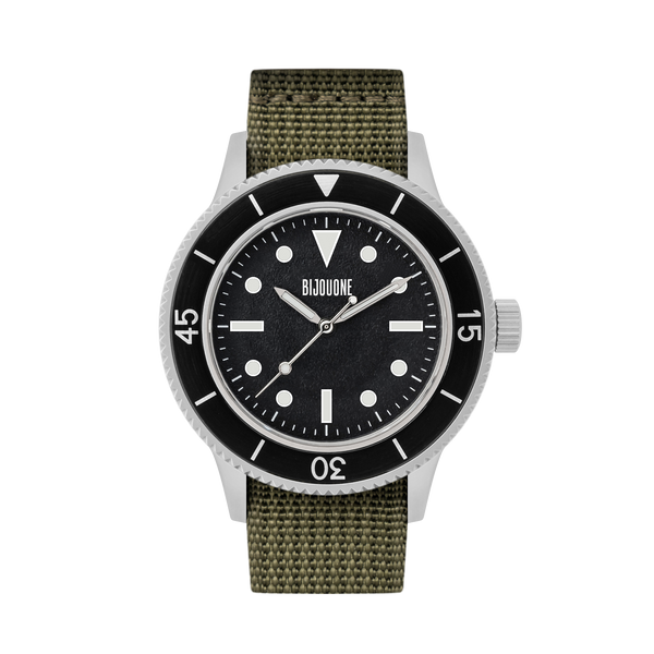 C01 Watch, Matte Silver Case, Black Dial, Sapphire Crystal Glass, Luminous, Nylon Strap