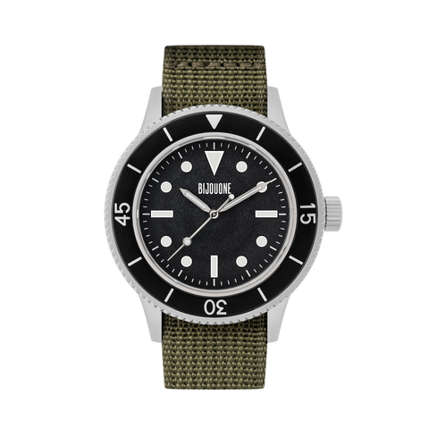 C01 Watch, Matte Silver Case, Black Dial, Sapphire Crystal Glass, Luminous, Nylon Strap