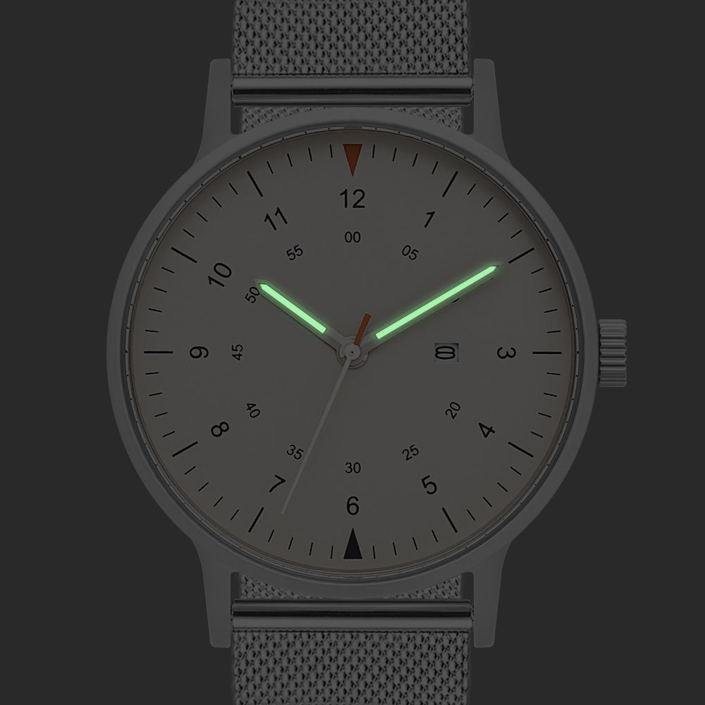 B70 Watch, Silver Case, Beige Dial, Calendar, Luminous, Stainless Steel Mesh Strap