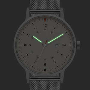 B70 Watch, Silver Case, Beige Dial, Calendar, Luminous, Stainless Steel Mesh Strap