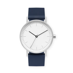 B001 Watch, Silver Case, White Dial, Silicone Strap - 0013-Midnight Blue - BIJOUONE