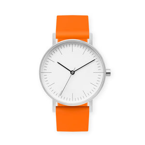 B001 Watch, Silver Case, White Dial, Silicone Strap - 0014-Orange - BIJOUONE