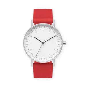 B001 Watch, Silver Case, White Dial, Silicone Strap - 0021-Red - BIJOUONE