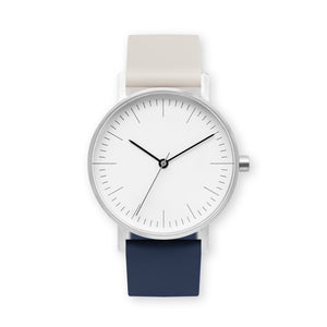 B001 Watch, Silver Case, White Dial, Two-tone Silicone Strap - 0513-Ivory/Midnight Blue - BIJOUONE
