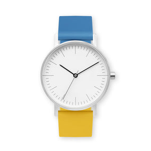 B001 Watch, Silver Case, White Dial, Two-tone Silicone Strap - 0610-Blue/Lemon - BIJOUONE