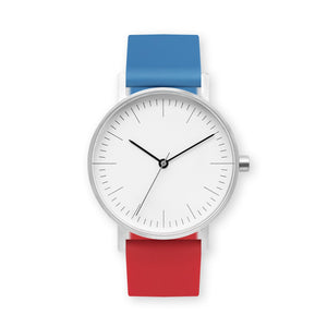 B001 Watch, Silver Case, White Dial, Two-tone Silicone Strap - 0619-Blue/Red - BIJOUONE