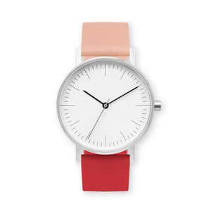 B001 Watch, Silver Case, White Dial, Two-tone Silicone Strap - 0719-Nude Pink/Red - BIJOUONE