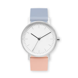 B001 Watch, Silver Case, White Dial, Two-tone Silicone Strap - 0807-Dusty Blue/Nude Pink - BIJOUONE