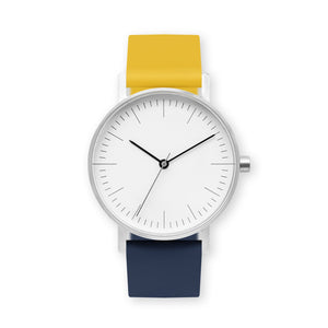 B001 Watch, Silver Case, White Dial, Two-tone Silicone Strap - 1013-Lemon/Midnight Blue - BIJOUONE