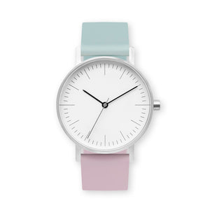 B001 Watch, Silver Case, White Dial, Two-tone Silicone Strap - 1215-Aquamarine/Lavender - BIJOUONE