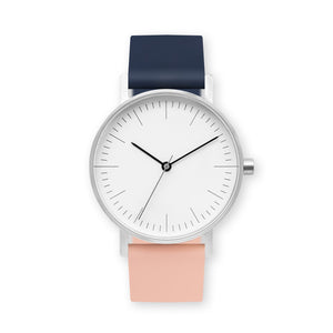 B001 Watch, Silver Case, White Dial, Two-tone Silicone Strap - 1307-Midnight Blue/Nude Pink - BIJOUONE