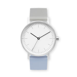B001 Watch, Silver Case, White Dial, Two-tone Silicone Strap - 1708-Light Gray/Dusty Blue - BIJOUONE