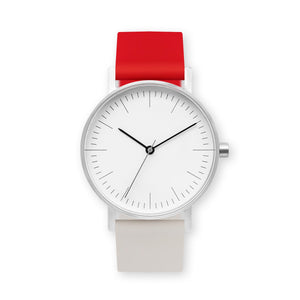 B001 Watch, Silver Case, White Dial, Two-tone Silicone Strap - 2105-Red/Iovry - BIJOUONE