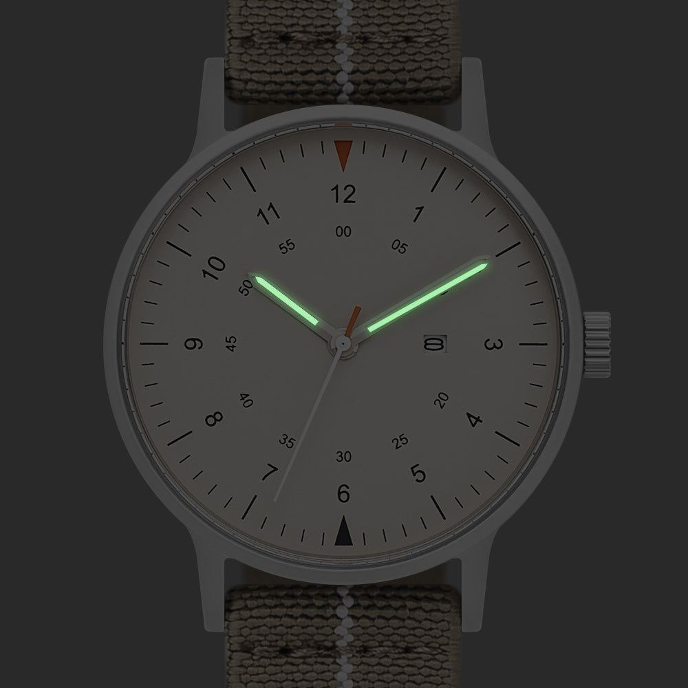 B70 Watch, Silver Case, Beige Dial, Calendar, Luminous, Stretch Nylon straps - Khaki