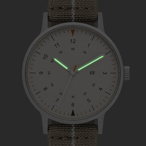 B70 Watch, Silver Case, Beige Dial, Calendar, Luminous, Stretch Nylon straps - Khaki