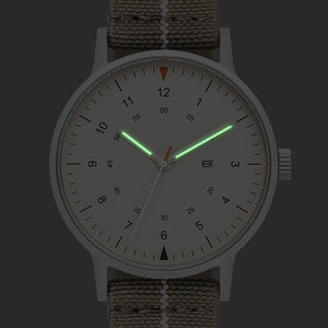 B70 Watch, Silver Case, Beige Dial, Calendar, Luminous, Stretch Nylon Strap