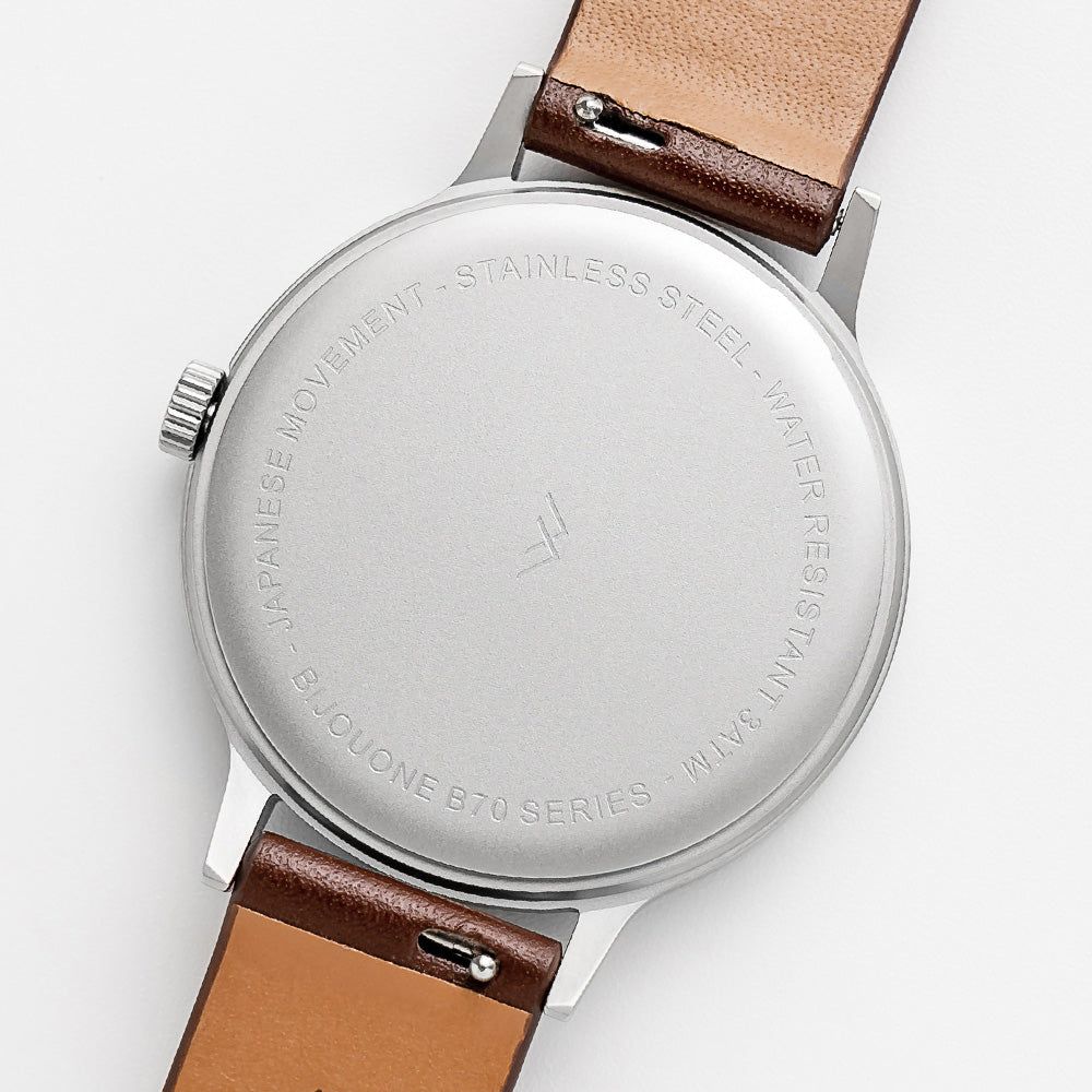 B70 Watch, Silver Case, Beige Dial, Calendar, Luminous, Leather Strap - Coffee