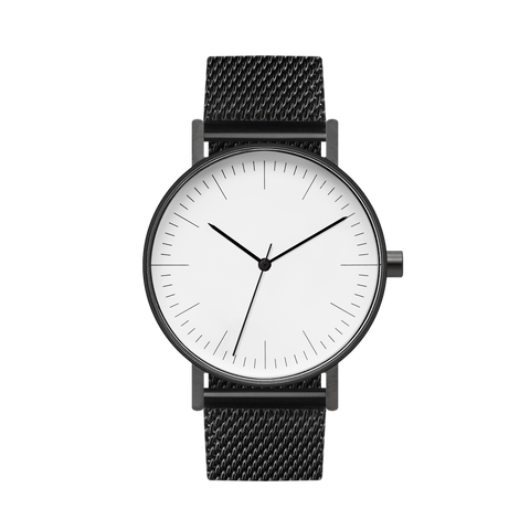 B001 Watch, Gunmetal Case, White Dial, Black Stainless Steel Mesh Strap