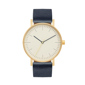 B001 Watch, Gold Case, Off White Dial, Leather Strap - Navy - BIJOUONE
