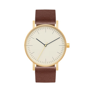 B001 Watch, Gold Case, Off White Dial, Leather Strap - Coffee - BIJOUONE