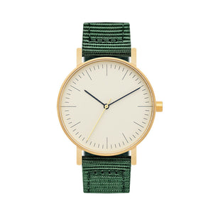 B001 Watch, Gold Case, Off White Dial, Nylon Strap