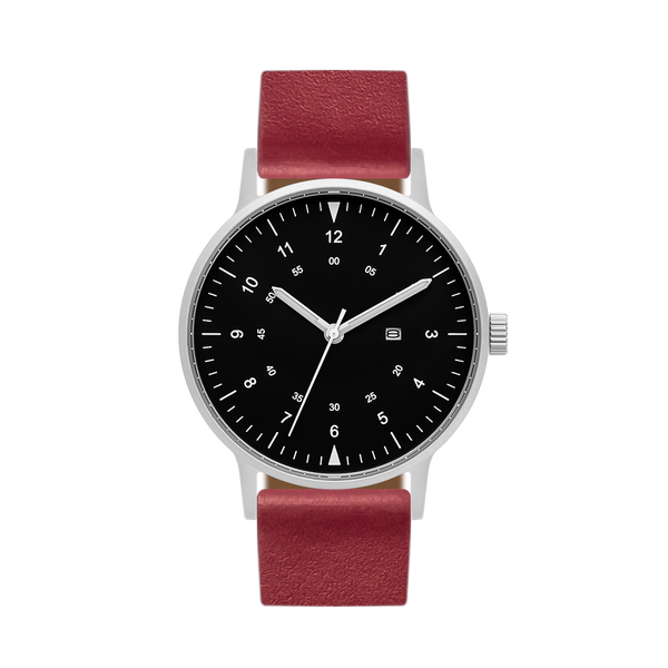 B70 Watch, Silver Case, Black Dial, Calendar, Luminous, Leather Strap - Red