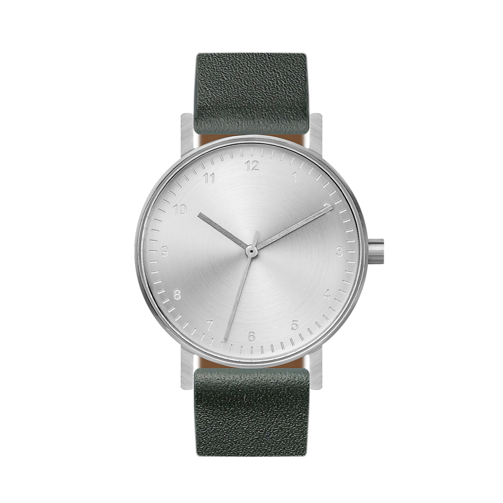 B60 Watch, Silver Case, silver Dial, Leather Strap - Green