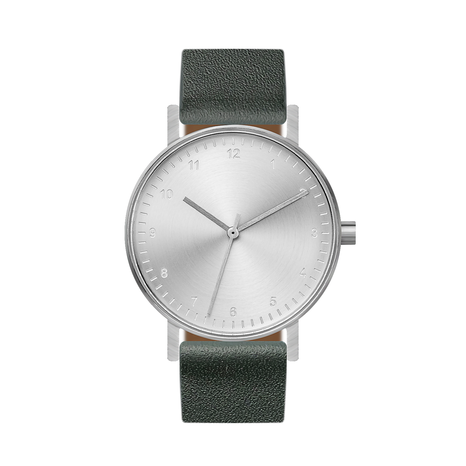 B60 Watch, Silver Case, silver Dial, Leather Strap - Green