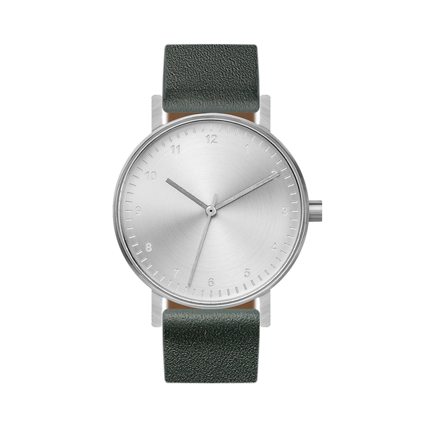 B60 Watch, Silver Case, silver Dial, Leather Strap - Green