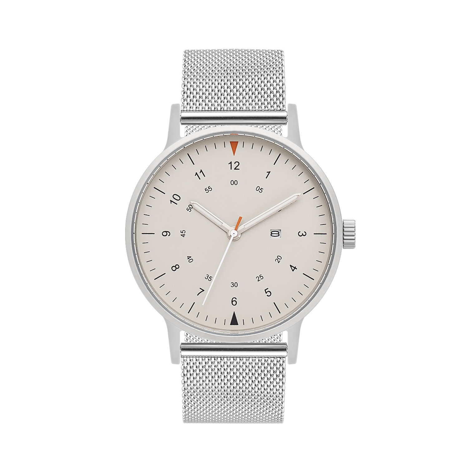 B70 Watch, Silver Case, Beige Dial, Calendar, Luminous, Stainless Steel Mesh Strap