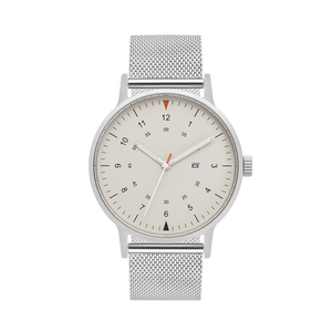 B70 Watch, Silver Case, Beige Dial, Calendar, Luminous, Stainless Steel Mesh Strap