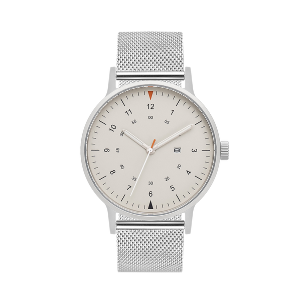 B70 Watch, Silver Case, Beige Dial, Calendar, Luminous, Stainless Steel Mesh Strap