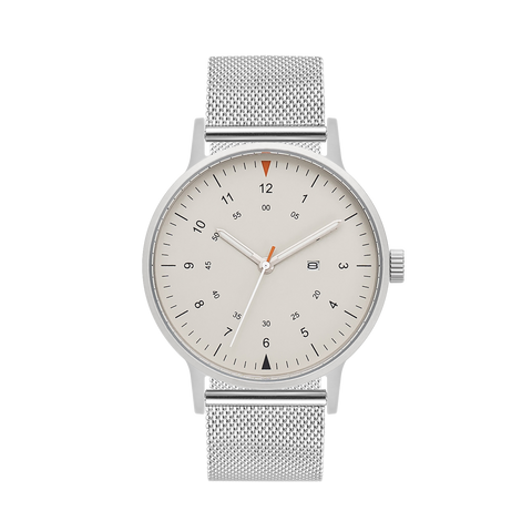 B70 Watch, Silver Case, Beige Dial, Calendar, Luminous, Stainless Steel Mesh Strap