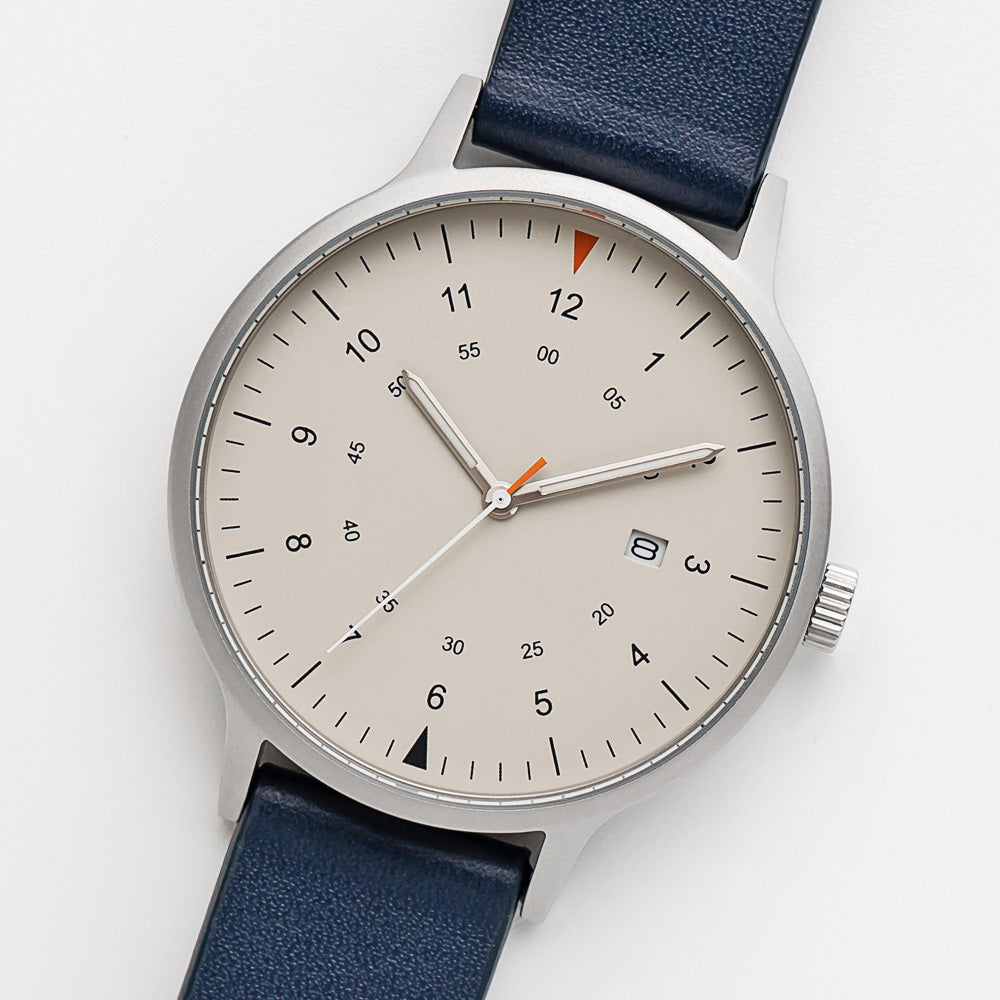 B70 Watch, Silver Case, Beige Dial, Calendar, Luminous, Leather Strap - Navy