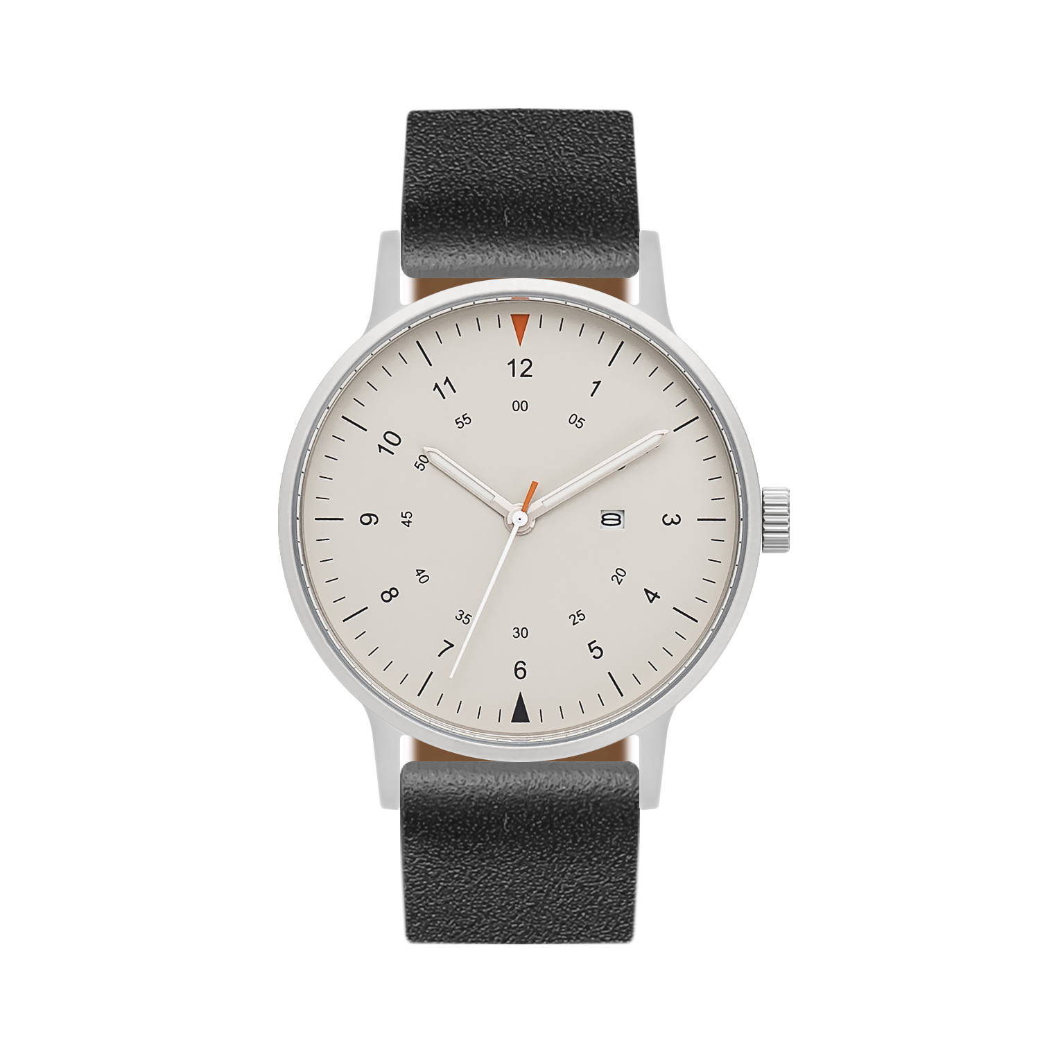 B70 Watch, Silver Case, Beige Dial, Calendar, Luminous, Leather Strap - Black