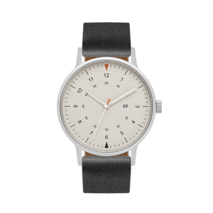 B70 Watch, Silver Case, Beige Dial, Calendar, Luminous, Leather Strap - Black