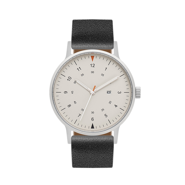 B70 Watch, Silver Case, Beige Dial, Calendar, Luminous, Leather Strap - Black