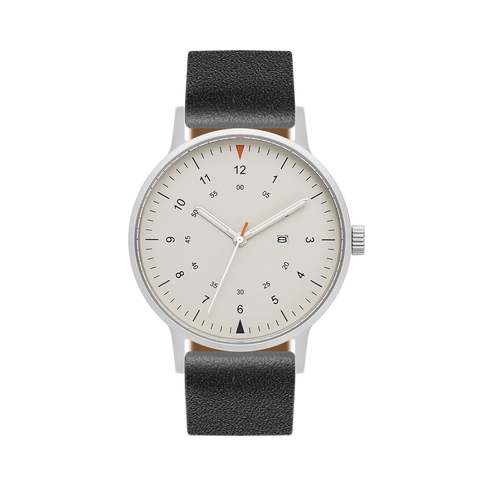 B70 Watch, Silver Case, Beige Dial, Calendar, Luminous, Leather Strap - Black