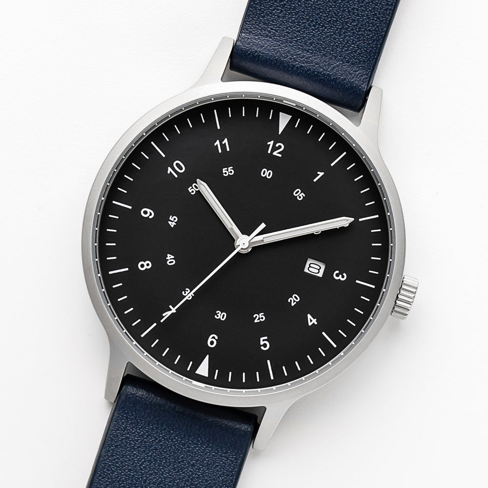 B70 Watch, Silver Case, Black Dial, Calendar, Luminous, Leather Strap - Navy
