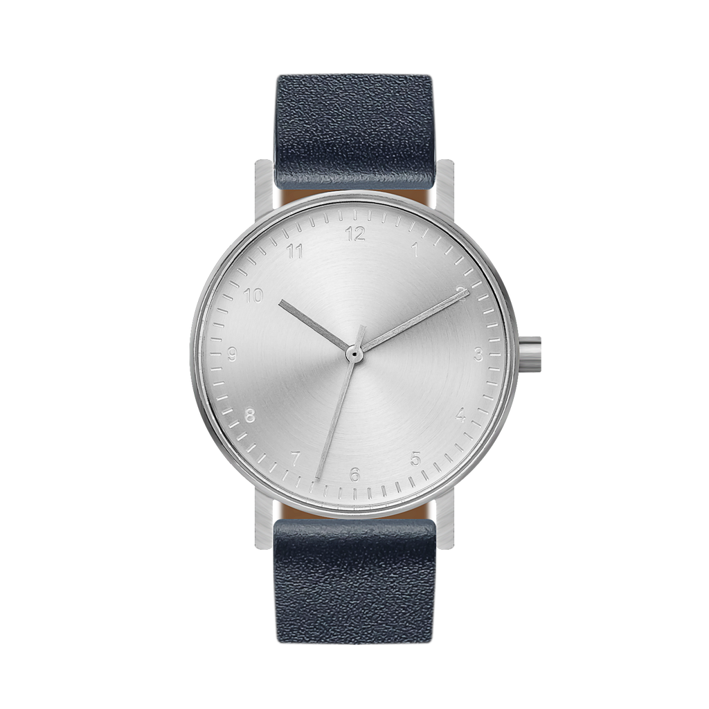 B60 Watch, Silver Case, silver Dial, Leather Strap - Navy