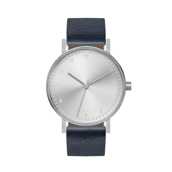 B60 Watch, Silver Case, silver Dial, Leather Strap - Navy