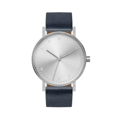 B60 Watch, Silver Case, silver Dial, Leather Strap - Navy
