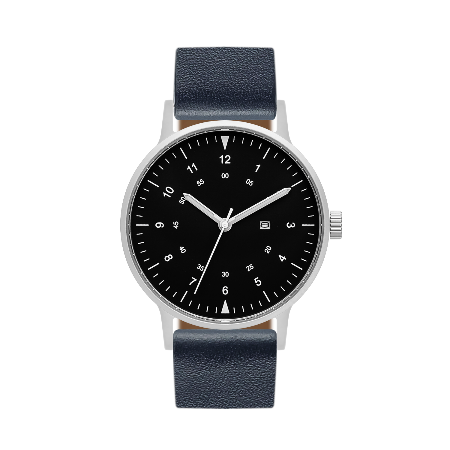 B70 Watch, Silver Case, Black Dial, Calendar, Luminous, Leather Strap - Navy