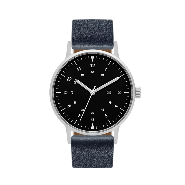 B70 Watch, Silver Case, Black Dial, Calendar, Luminous, Leather Strap - Navy
